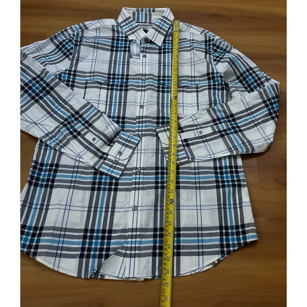 Mens NWT‎ Express Fitted Plaid Casual Button Down Striped Shirt - Picture 4 of 6